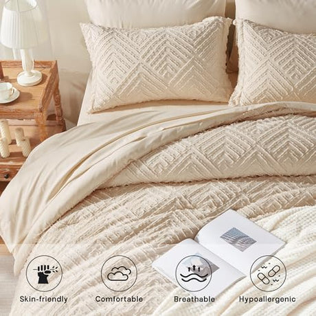 Zzlpp Twin Comforter Set 5 Pieces, Beige Tufted Bed in a Bag with Comforter, Pillow Sham, Pillowcase, Flat Sheet, Fitted Sheet - All Season Boho Bedding Sets Zzlpp