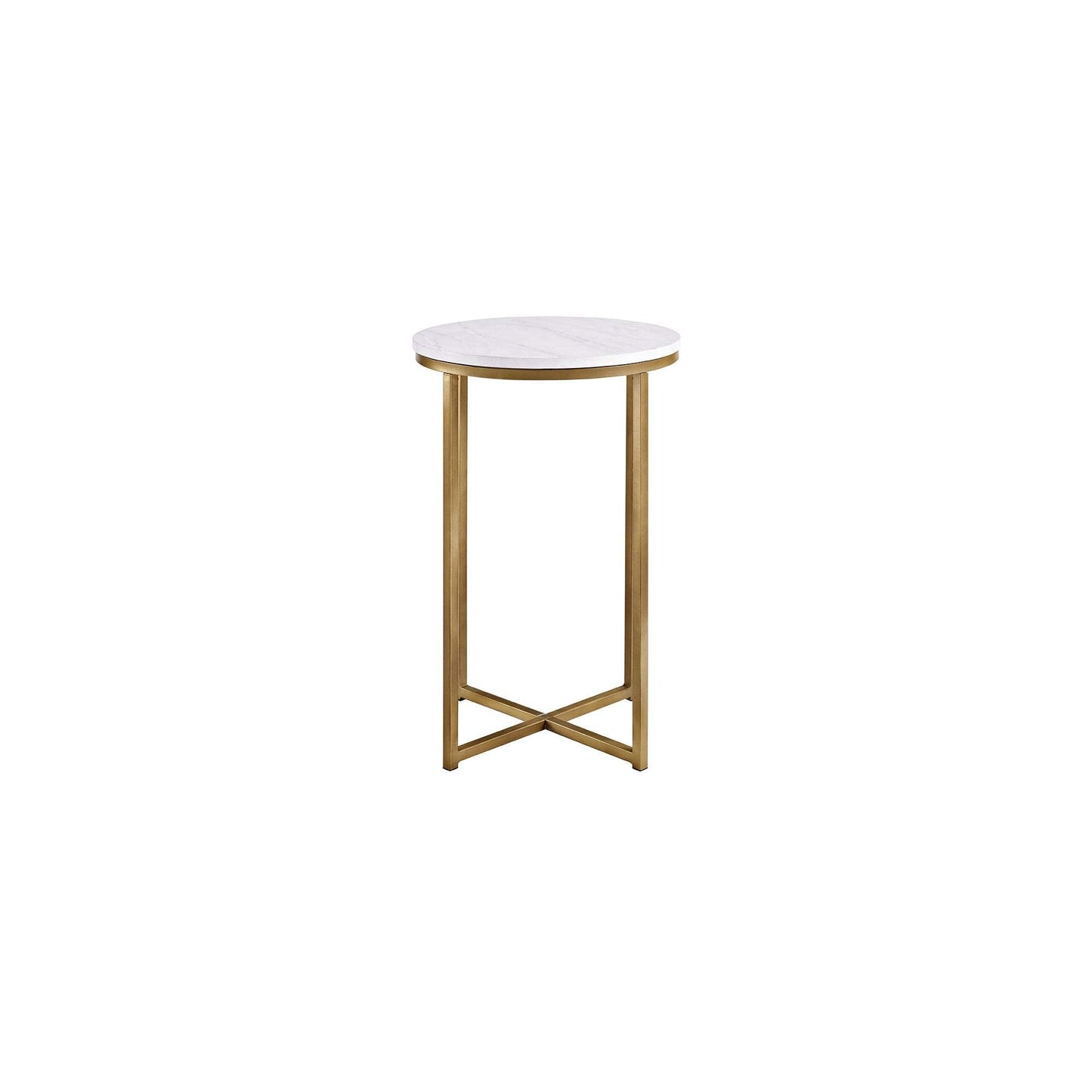 Walker Edison Cora Modern Faux Marble Round Accent Table with X Base, 16 Inch, Marble and Gold - WoodArtSupply