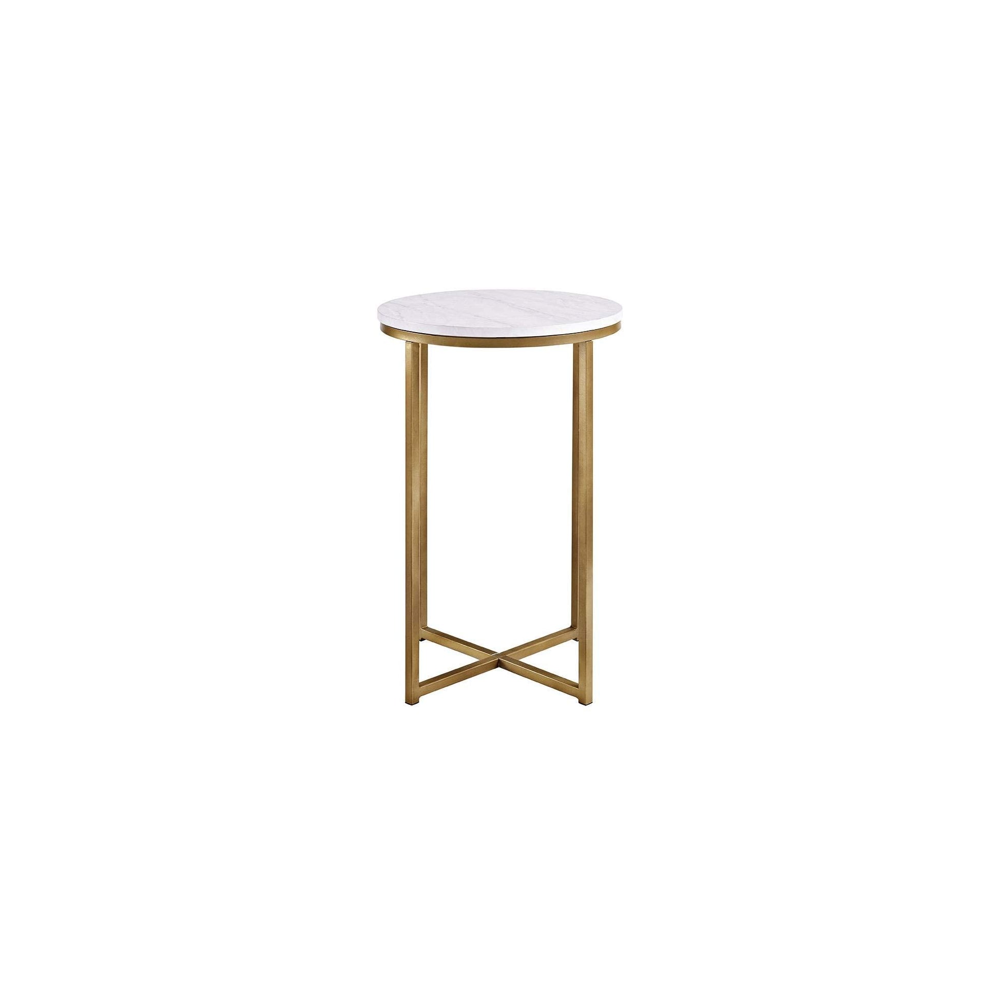 Walker Edison Cora Modern Faux Marble Round Accent Table with X Base, 16 Inch, Marble and Gold - WoodArtSupply