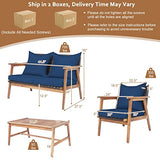 Tangkula 4-Piece Patio Furniture Set, Outdoor Acacia Wood Conversation Set with Cushions and Coffee Table, Outdoor PE Wicker Sectional Sofa Set for Garden, Poolside and Backyard (1, Navy) Tangkula