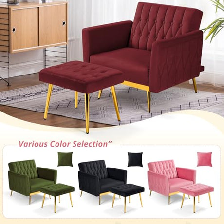 ACMEASE Velvet Accent Chair with Adjustable Armrests and Backrest, Button Tufted Lounge Chair, Single Recliner Armchair with Ottoman and Pillow for Living Room, Bedroom, Red ACMEASE
