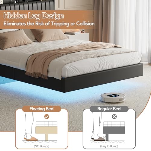 GarveeHome Full Size Floating Bed Frame with RGB LED Lights & Charging Station, Upholstered Platform Bed Frame with Storage Headboard, 50" Tall Headboard Leather Full Bed No Box Spring Needed, Black GarveeHome
