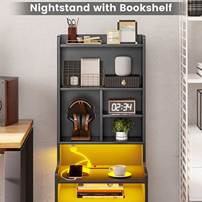 BTHFST Tall Black LED Bedside Nightstand with Charging Station, Shelves, and Drawers - WoodArtSupply