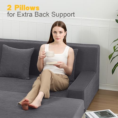 MeMoreCool Folding Futon Couch Queen – Boneless Corduroy Sofa Bed, Convertible Foam Floor Lounger with Pillow & Washable Cover, Foldable Sleeper for Living Room, Bedroom, Guest Space MeMoreCool