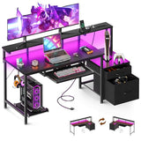 AODK 55 Inch Gaming Desk with Power Outlets & LED Light, Reversible Computer Desk with File Cabinet and Fabric Drawer, Office Desk with Keyboard Tray, Table with Full Monitor Riser and PC Stand, Black AODK
