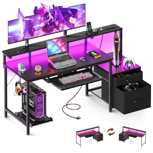 AODK 55 Inch Gaming Desk with Power Outlets & LED Light, Reversible Computer Desk with File Cabinet and Fabric Drawer, Office Desk with Keyboard Tray, Table with Full Monitor Riser and PC Stand, Black