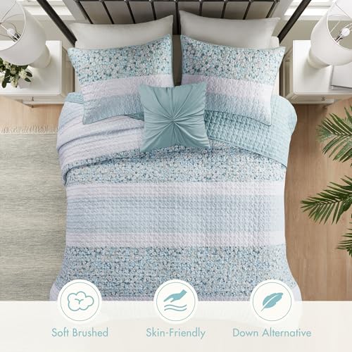 Madison Park Queen Quilt Set, Seersucker Floral Coverlet, All Season Lightweight Microfiber Bedding Quilt Set, Vermicelli Quilting Design, Throw Pillow, Caralie, Full/Queen Aqua 4 Piece Madison Park