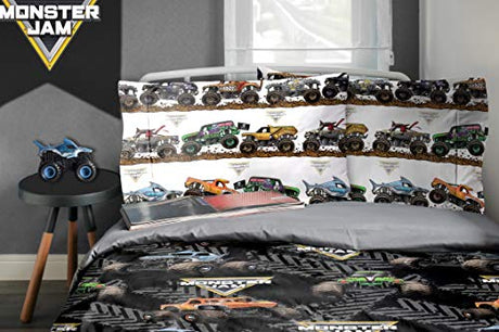 Jay franco Monster Jam Tracks 4 Piece Twin Bed Set - Includes Comforter & Sheet Set - Bedding Features Grave Digger & Megalodon - Super Soft Fade Resistant Microfiber (Official Monster Jam Product) Jay Franco