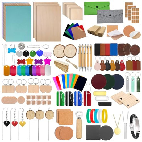 Leafcraft 218PCS Laser Engraving Material Explore Kit, 31 Kinds Laser Cutting Engraving Accessories Include Acrylic, Metal, Wood, Felt, PU Leather, Cork, Rock, Rubber for Engraver Machine DIY Crafting leafcraft