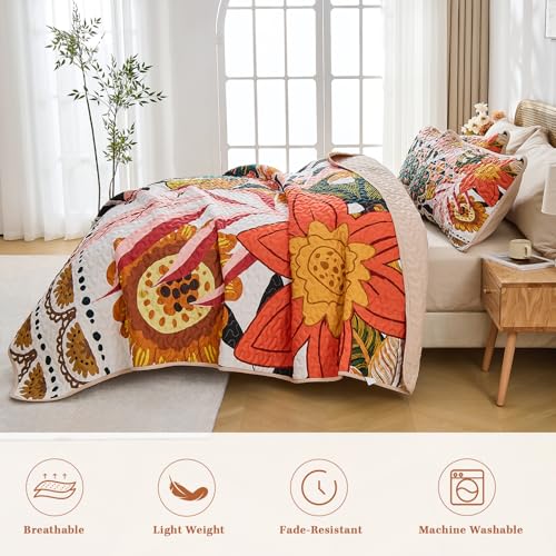 Pamnest Quilt Set Twin Size, Boho Floral 2 Pcs Soft Bed Cover Bedding Set, Mid Century Flowers Lightweight Bedspread Coverlet with Pillow Sham for All Season Pamnest