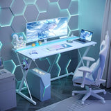 TIQLAB Gaming Desk with Power Outlets & LED 32 Inch Ergonomic Computer Carbon Fiber Surface Gamer, PC Workstation with Headphone Hook for Bedroom, Kids Desk Gift for Boys, White TIQLAB
