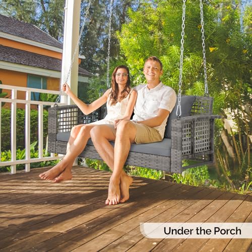 VINGLI 4 FT Rattan Porch Swing Outdoor Support 800 LBS with Cushions & Adjustable Chains, Patio Wicker Swing Bench Chair for Garden, Yard, Lawn, Tree, Grey VINGLI