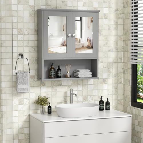 Shintenchi Bathroom Cabinet with Mirror, Wood Medicine Cabinet with Adjustable Shelf, Wall Mount Cabinet Storage, Cupboard, Gray Shintenchi