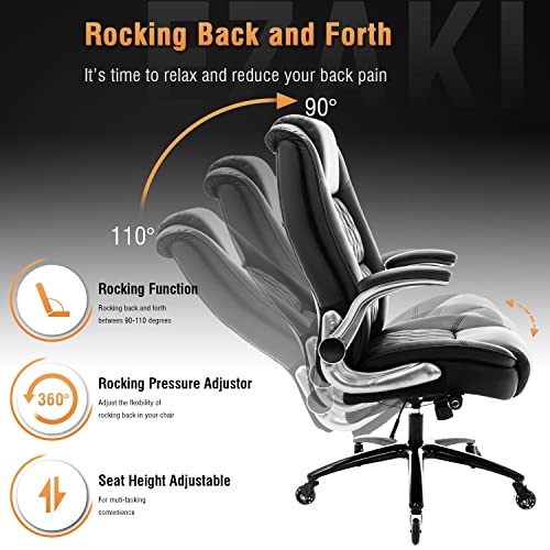 High Back Office Chair- Flip Arms Adjustable Built-in Lumbar Support, Executive Computer Desk Chair Work Chairs, Thick Padded Strong Metal Base Quiet Wheels, Ergonomic Design for Back Pain EZAKI