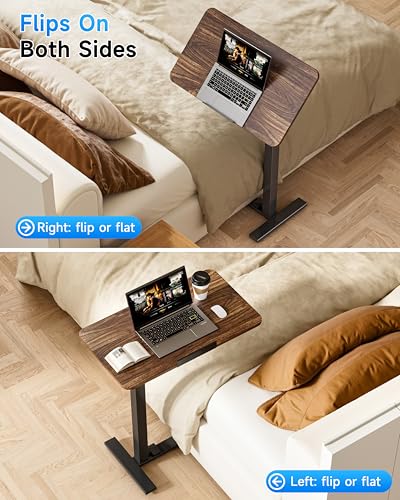 BIZUM Mobile Standing Desk Laptop Desk Pneumatic with Wheels 180° Tilt Top Hospital Bed Table Portable Rolling Cart Foldable Bedside Table for Hospital&Home Use, Walnut BIZUM