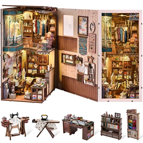 fifijoy Book Nook Kit, LED 3D Wooden Puzzle with Dust Cover, 460 Wooden Pieces, DIY Bookshelf Insert Decor Gifts for Book Lovers (Sewing Room)