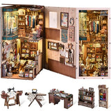 fifijoy Book Nook Kit, LED 3D Wooden Puzzle with Dust Cover, 460 Wooden Pieces, DIY Bookshelf Insert Decor Gifts for Book Lovers (Sewing Room)