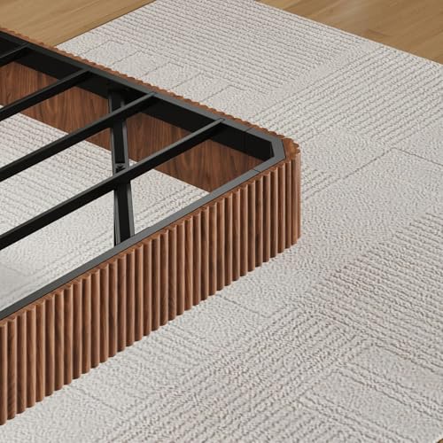Bellemave King Floating Bed Frame with LED Lights, Walnut Wood Floating Bed Frame King, Wave Curve Wood Texture Bed with Heavy Duty Metal Slats Bellemave
