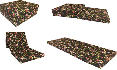 D&D Futon Furniture Trifold Foam Beds, Floor Tri-Fold Bed, Foldable Shikibuton Mattress Cushion Topper Mat for Space Saving Sleepover 3x27x75 in, Red Rose Black D&D Futon Furniture