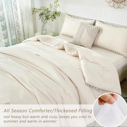 PERFEMET Beige Bed in A Bag Full Size 5 Pieces Aesthetic Pom Pom Bedding with Sheet Set Soft Fluffy Cream Boho Solid Bed Set for All Seasons(Beige Cream, Full) PERFEMET