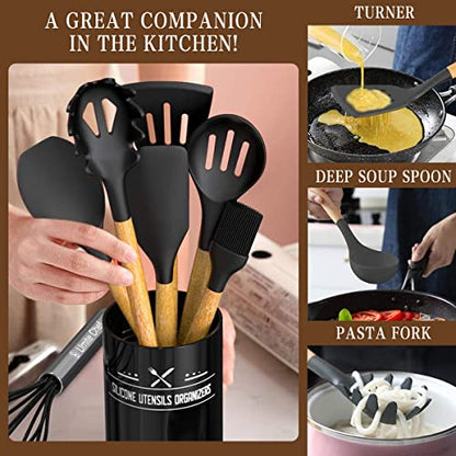 Umite Chef Kitchen Cooking Utensils Set, 33 pcs Non-Stick Utensils Spatula Set with Holder, Black Wooden Handle Silicone Kitchen Gadgets