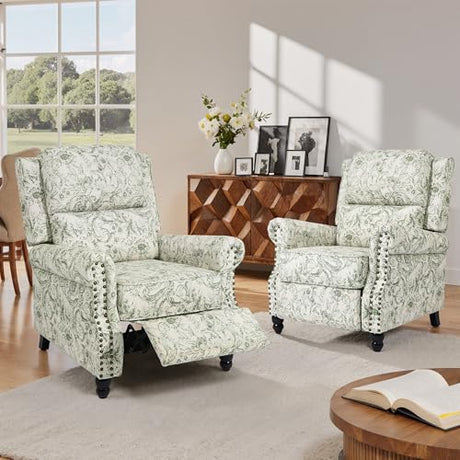 Blissabod Pushback Recliner Chairs Set of 2, Green Pattern Wingback Recliner Chair in Fabric, Upholstered Push Back Armchair Recliner, Single Sofa with Trim Wood Legs for Living Room (Rococo Green) Blissabod