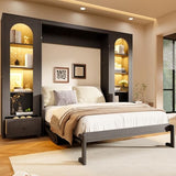 Merax Queen Size Murphy Platform Bed with Shelf, Side Cabinets, Drawers and LED, Gray Merax