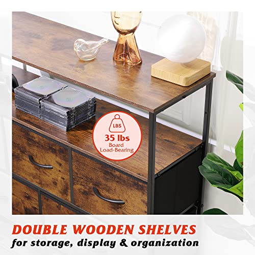 WLIVE TV Stand Dresser for Bedroom with 5 Fabric Drawers, Entertainment Center with Open Shelf and Power Outlet for 45 inch TV, Media Console Table with Storage for Closet, Living Room, Rustic Brown WLIVE