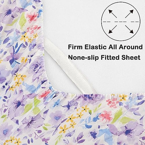 Mooreeke Floral Full Sheets, Soft Breathable Microfiber Vintage Printed Bed Sheet Set, Deep Pocket Non-Slip Fitted Sheet Included, Purple Flower Pattern Mooreeke