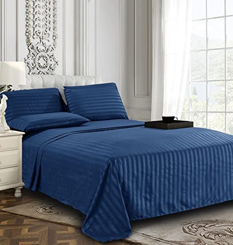 Elegant Comfort Best, Softest, Coziest 6-Piece Sheet Sets! - 1500 Premier Hotel Quality Luxurious Wrinkle Resistant 6-Piece Damask Stripe Bed Sheet Set, Queen Navy Blue Elegant Comfort
