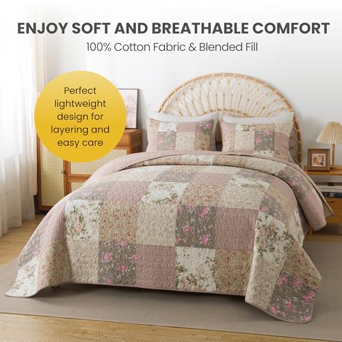 SLPR Secret Garden Patchwork Cotton Pieced Quilt Set - King with 2 Shams, Country Shabby Chic Bedding with Flower Pattern, Pink Floral Farmhouse Quilted Bedspread for All Seasons SLPR