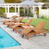 Tangkula Lounge Chair Outdoor with Wheels, Patio Wood Chaise Lounge with 4-Position Adjustable Backrest & Leg Area, Extendable Side Table, Pool Sunbathing Reclining Lounger for Outside Backyard (1)