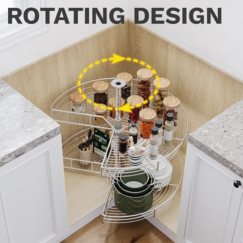 DWVO 28-Inch 2-Tier Lazy Susan Turnable for Cabinet, Rotating 2-Shelf Lazy Susan Corner Organizer with Adjustable Height for Kitchen Pantry, Chrome-Plated Double Spinning Corner Organizer, Silver DWVO