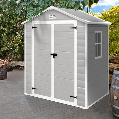 YOFE Resin Shed 6x4.4FT,Outdoor Storage Shed with Floor,Plastic Shed with Floor for Garden Tool,Waterproof Outdoor Resin Shed,Lockable Doors for Patio,Yard,Lawn (LightGray) - WoodArtSupply