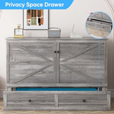 Mjkone Murphy Bed, Cabinet Murphy Bed with Tri-Fold Memory Foam Mattress, Farmhouse Wooden Cabinet Beds with USB Charging Station and 2 Storage Drawers for Bedroom/Office/Guest Room-Gray, Queen Mjkone