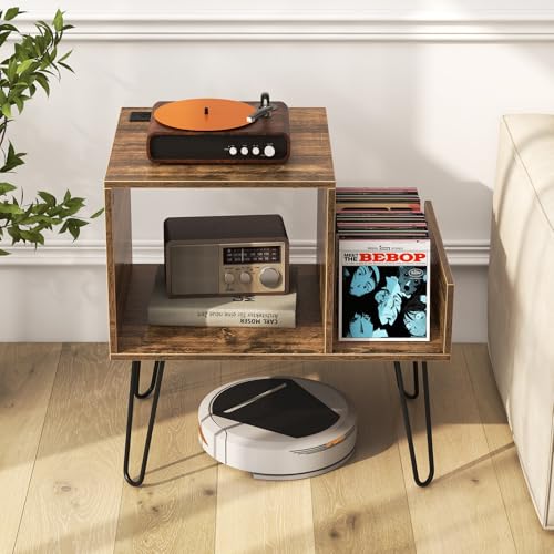 Giantex Record Player Stand with Charging Station, Turntable Stand with Vinyl Divider & Display Shelf, Mid-century Modern End Table Holds Up to 150 Albums, Vinyl Record Storage Cabinet for Living Room Giantex