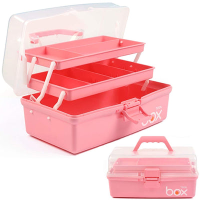TERGOO 12in Three-Layer Multipurpose Storage Box, Folding Tool Box/Art & Crafts Case/Sewing Supplies Organizer/Medicine Box/Family First Aid Box with 2 Trays (Pink)
