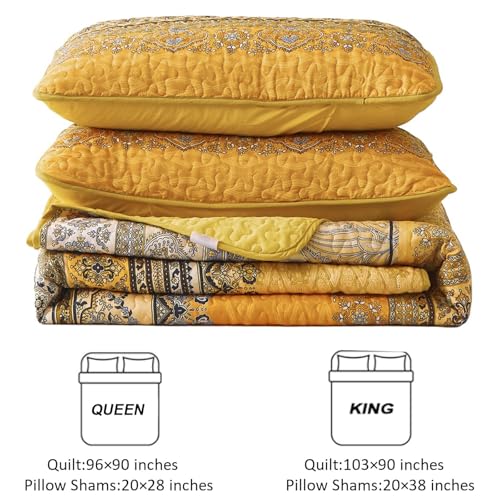 WONGS BEDDING Boho Queen Quilt Set, Yellow Orange Bohemian Queen Quilt Bedding Set, Lightweight Microfiber Bed Decor Bedspread for All Season 96"x90"(3 Pieces) WONGS BEDDING