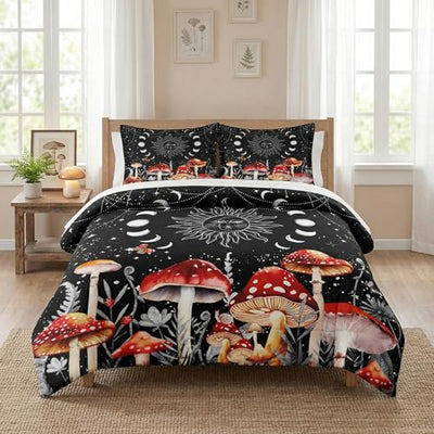 WeCozy Queen Size Comforter Set with 2 Pillowcases, Sun Moon Boho Mushroom 3 Pcs Bedding for Kids and Adults, Astrology Tarot Witch Soft Comforter Set for Bedroom Bed Decor