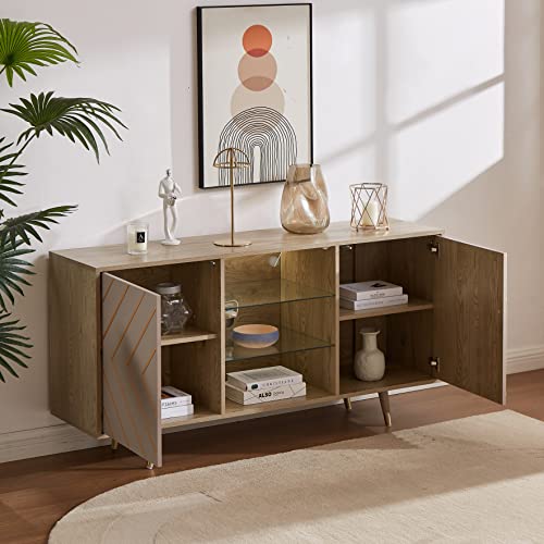 roomfitters Mid Century Modern TV Stand with Storage, Entertainment Center with LED Lights, Sideboard Credenza Buffect Cabinet, Media Console for Living Room (Geometric Grey, Gold Inlayed) - WoodArtSupply