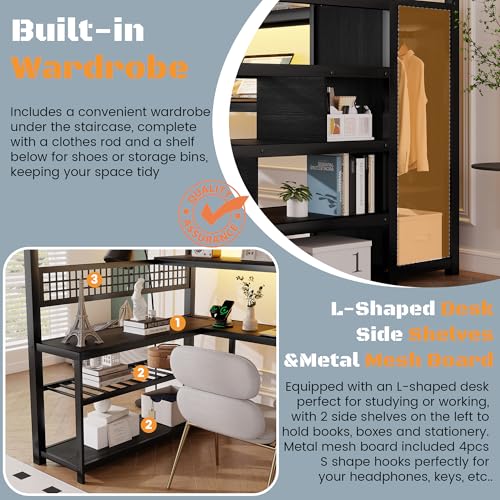 MoproBeti Full Size Loft Bed with Stairs and Desk,Metal Gaming LoftBed with LED Lights,Charging Station, High Loft Beds Frame Full with Storage Shelves,Wardrobe for Teens, Adults, Black MoproBeti