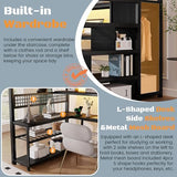 MoproBeti Full Size Loft Bed with Stairs and Desk,Metal Gaming LoftBed with LED Lights,Charging Station, High Loft Beds Frame Full with Storage Shelves,Wardrobe for Teens, Adults, Black MoproBeti