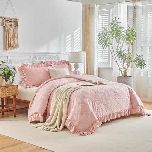 Tufted Ruffle Comforter Set Twin Size, 3 Pieces Blush Pink Ruffled Farmhouse Comforters, Luxury Solid Soft and Embroidery Shabby Chic Boho Bohemian Bedding Set for Girls (1 Comforter + 2 Pillowcases) Flysheep