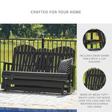 Signature Design by Ashley Hyland Wave Modern Weather Resistant HDPE Outdoor Glider Loveseat with Drop Down Table and 2 Cup Holders, Black Signature Design by Ashley