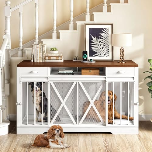 YITAHOME 63 Inch Double Dog Crate TV Stand with Charging Station, Heavy Duty Wooden Dog Crate Furniture for 2 Dogs, Dog Kennel Indoor Furniture Double Sliding Barn Door Design Ideal for 2 Dogs, White YITAHOME