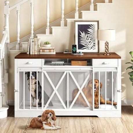 YITAHOME 63 Inch Double Dog Crate TV Stand with Charging Station, Heavy Duty Wooden Dog Crate Furniture for 2 Dogs, Dog Kennel Indoor Furniture Double Sliding Barn Door Design Ideal for 2 Dogs, White YITAHOME