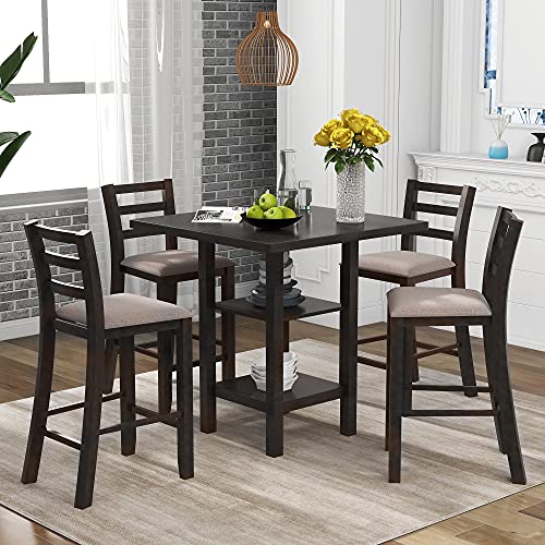 Bellemave Counter Height Dining Table Set for 4 with Storage 5 Piece High Top Table and Chairs Wood Square Kitchen Table and Chairs (Espresso) Bellemave