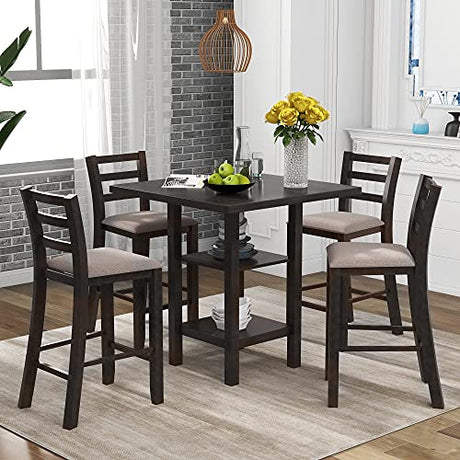 Bellemave Counter Height Dining Table Set for 4 with Storage 5 Piece High Top Table and Chairs Wood Square Kitchen Table and Chairs (Espresso) Bellemave