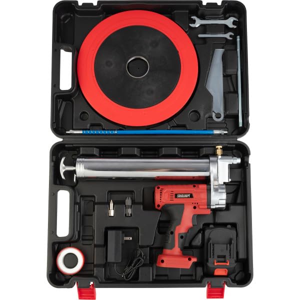 Stalwart Grease Gun - 20V 12000 PSI Cordless Grease Gun with 14-Inch Hose, Couplers, Lithium Ion Battery, Charger, and More - Tool Kit (Black/Red) Stalwart