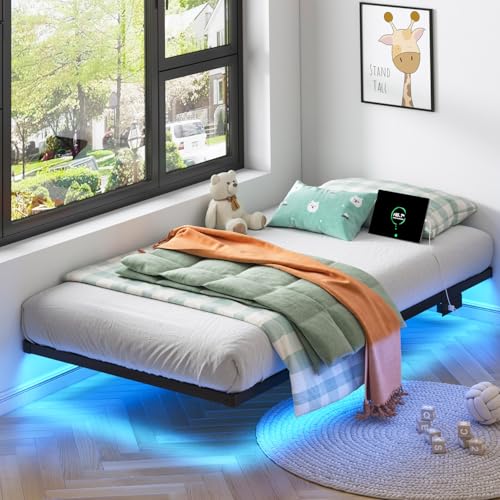 HAVONIZD Floating Bed Frame Twin with LED Lights and Charging Station - 8 inch Platform Bed Frame No Box Spring Needed, Easy Assembly HAVONIZD
